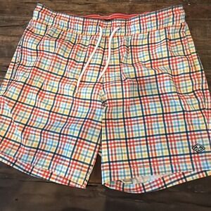 Sperry Men's Sz Medium Stretch Lined Swim Trunks Shorts Blue Red Yellow plaid